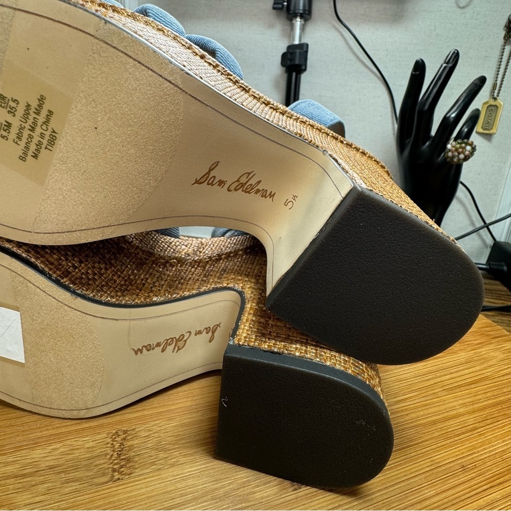 NWOT New Sam Edelman Tibby Platform Heels Size 5.5 or 6 in Blue Denim and Brown - Picture 9 of 11